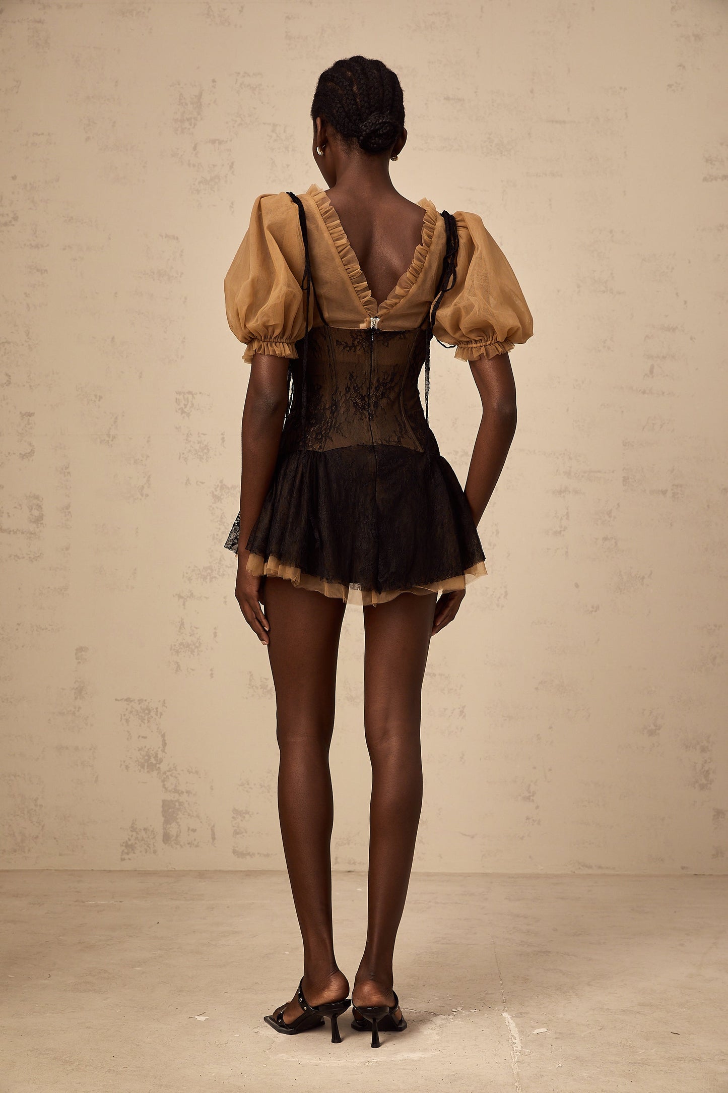 Fabienne black lace-panelling mini dress