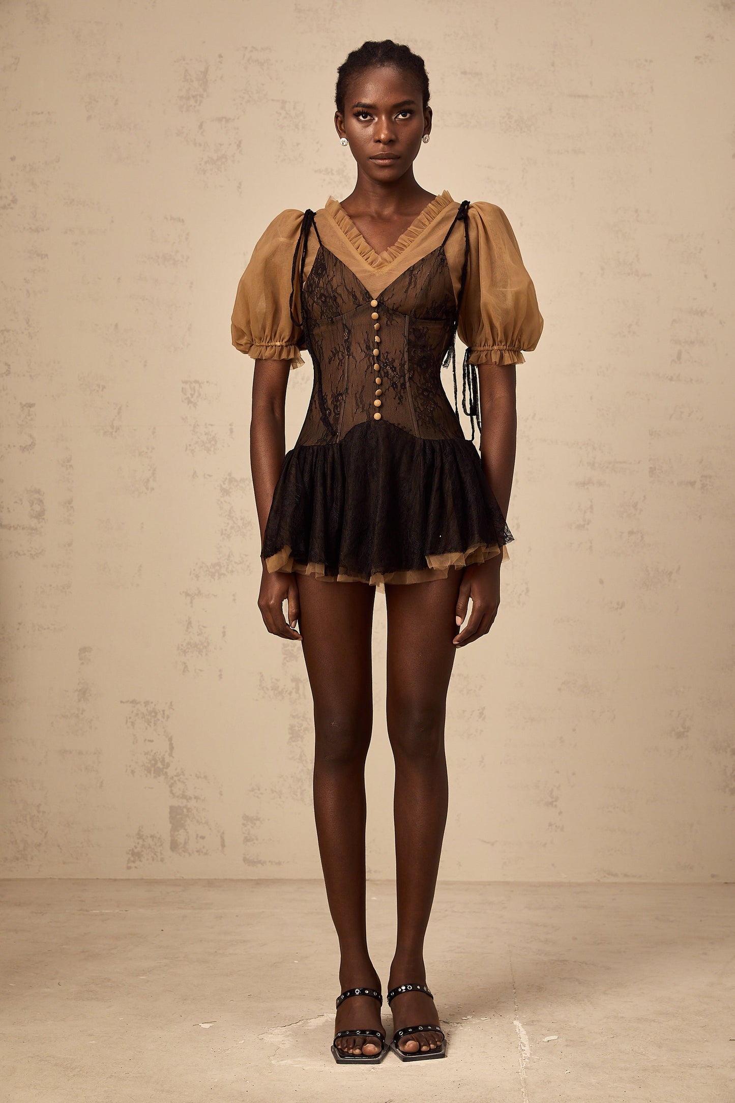 Fabienne black lace-panelling mini dress