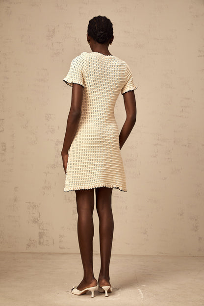 Victoire neutrals ruffled pointelle-knit mini dress