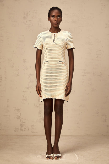 Victoire neutrals ruffled pointelle-knit mini dress