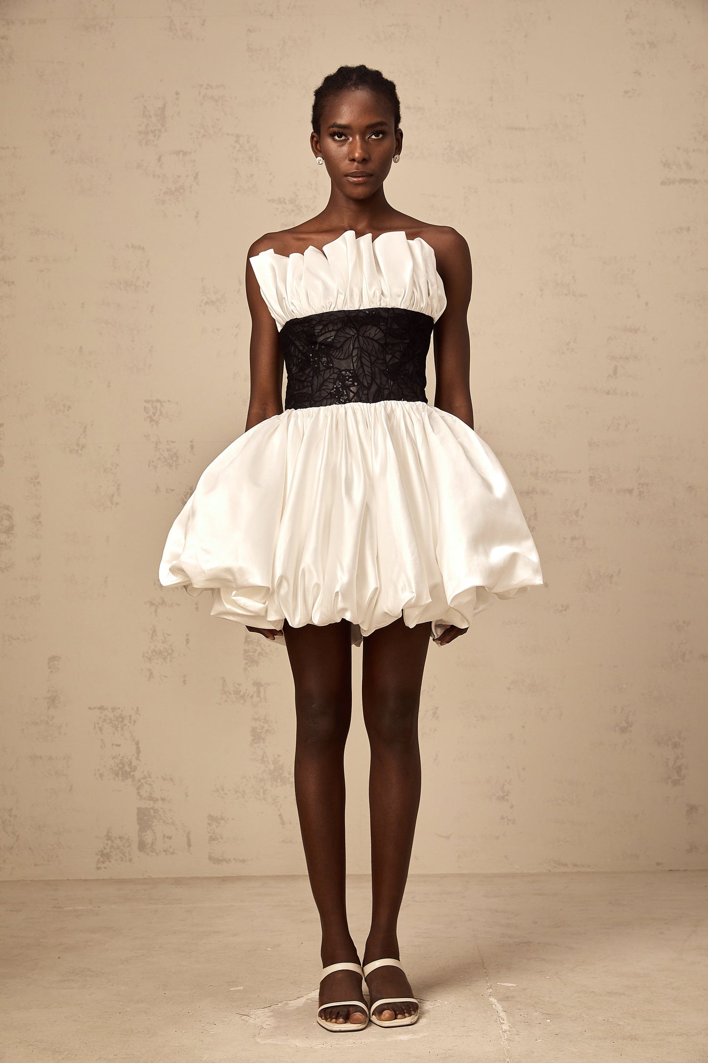 Éliane white lace-panelling puff satin mini dress
