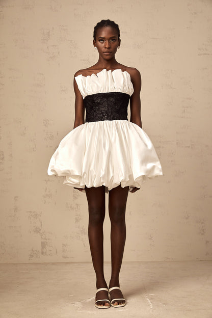 Éliane white lace-panelling puff satin mini dress