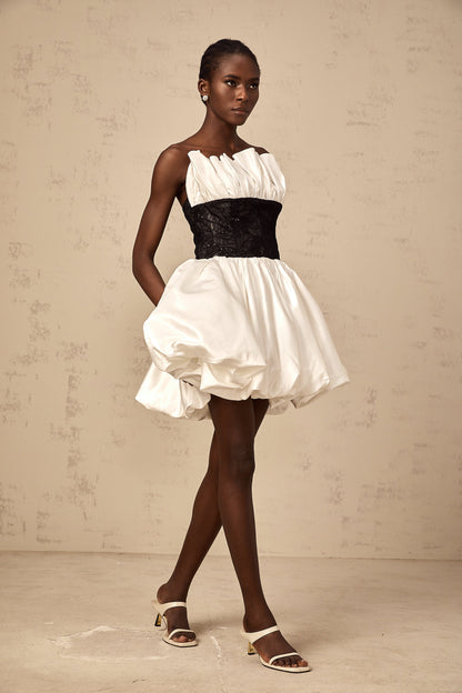 Éliane white lace-panelling puff satin mini dress