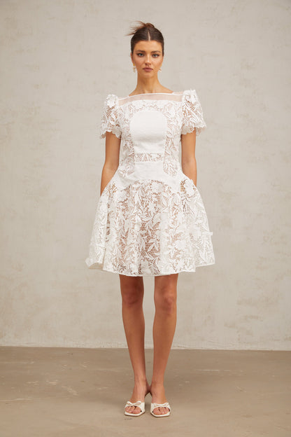 Josette white floral-lace puff mini dress
