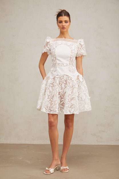 Josette white floral-lace puff mini dress
