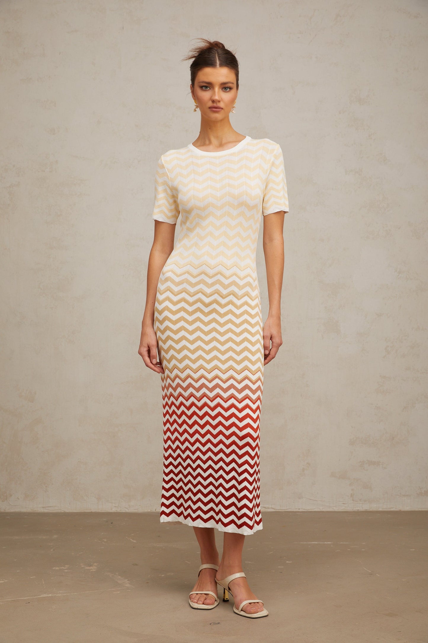 Isabelle yellow zigzag-woven knit midi dress