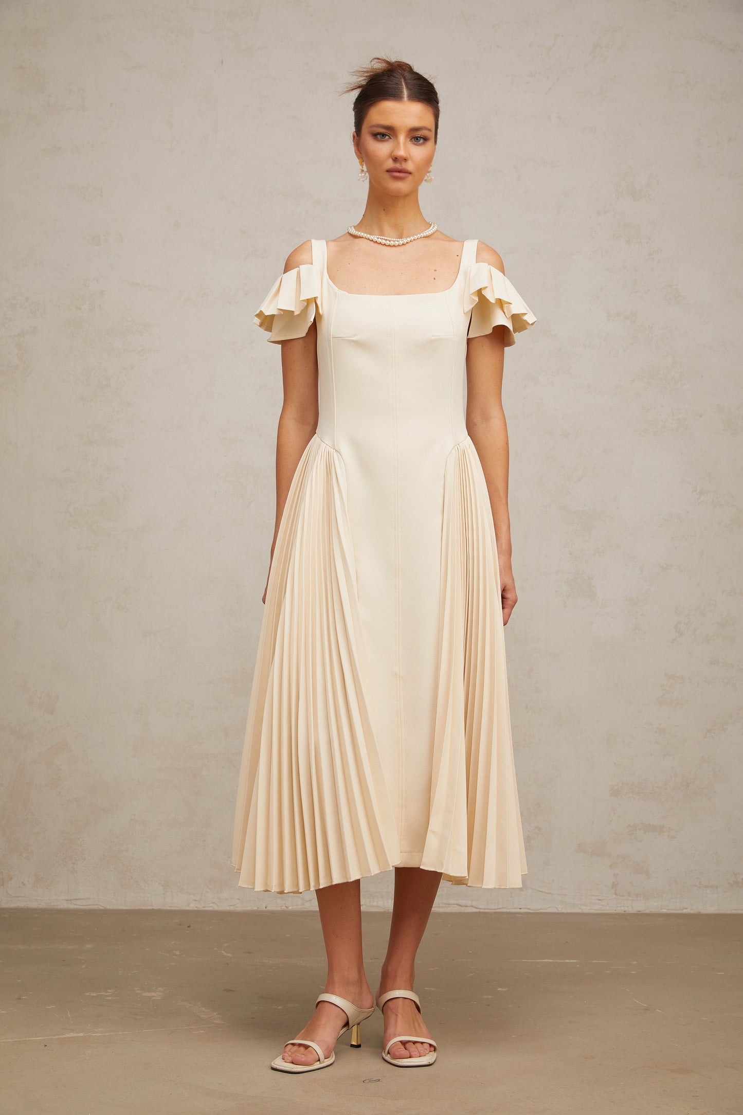 Véronique neutrals pleated flared midi dress