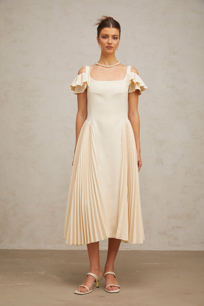 Véronique neutrals pleated flared midi dress