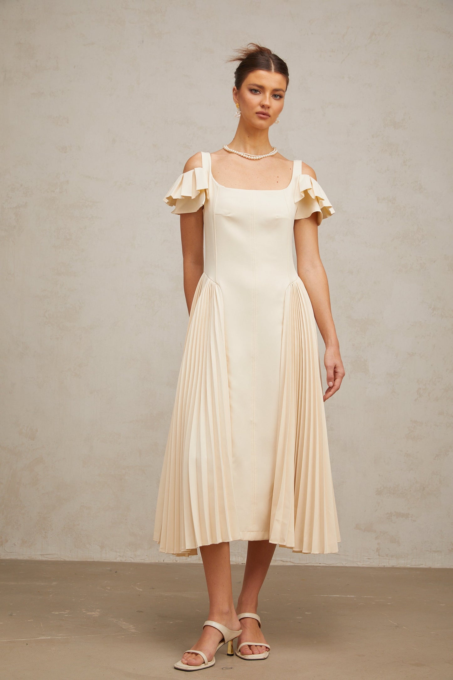 Véronique neutrals pleated flared midi dress
