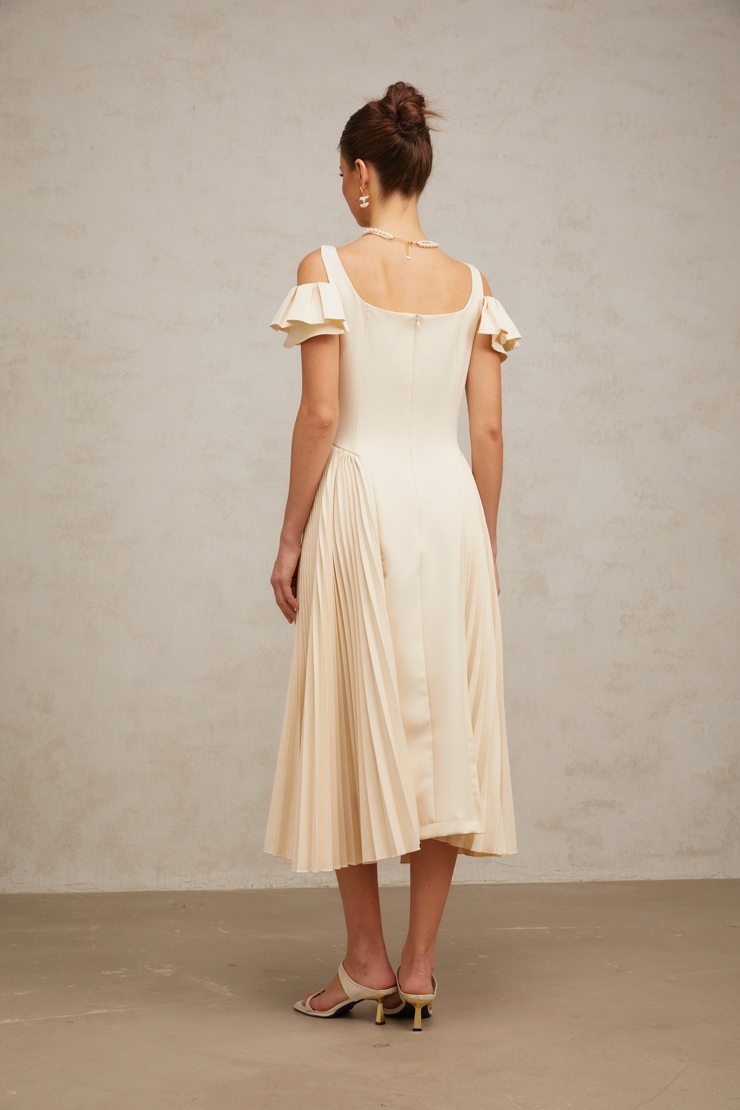 Véronique neutrals pleated flared midi dress