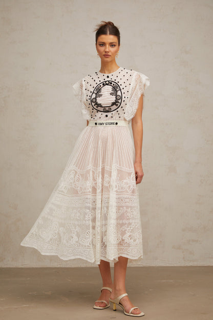 Phoebe white jacquard floral-lace pleated midi dress