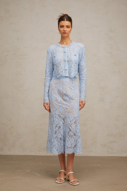 Ariane blue floral-lace top & skirt matching set