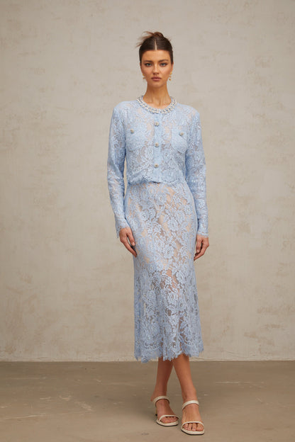 Ariane blue floral-lace top & skirt matching set