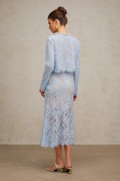 Ariane blue floral-lace top & skirt matching set
