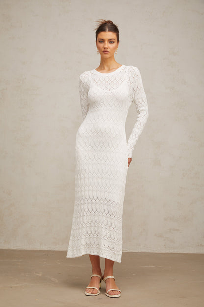 Xénia white crochet-knit midi dress