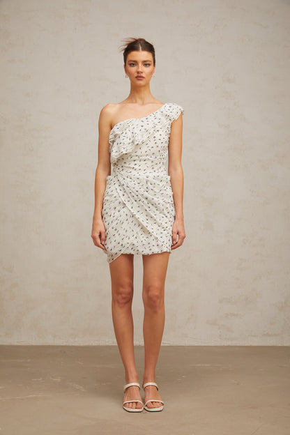 Irina white pattern-print ruffled mini dress
