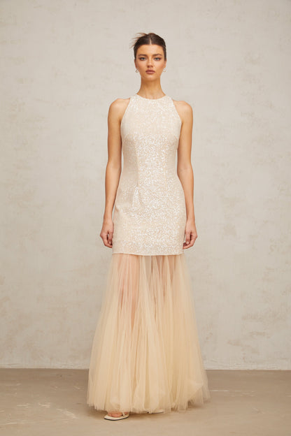Thaïs champagne sequined tulle-panel maxi dress