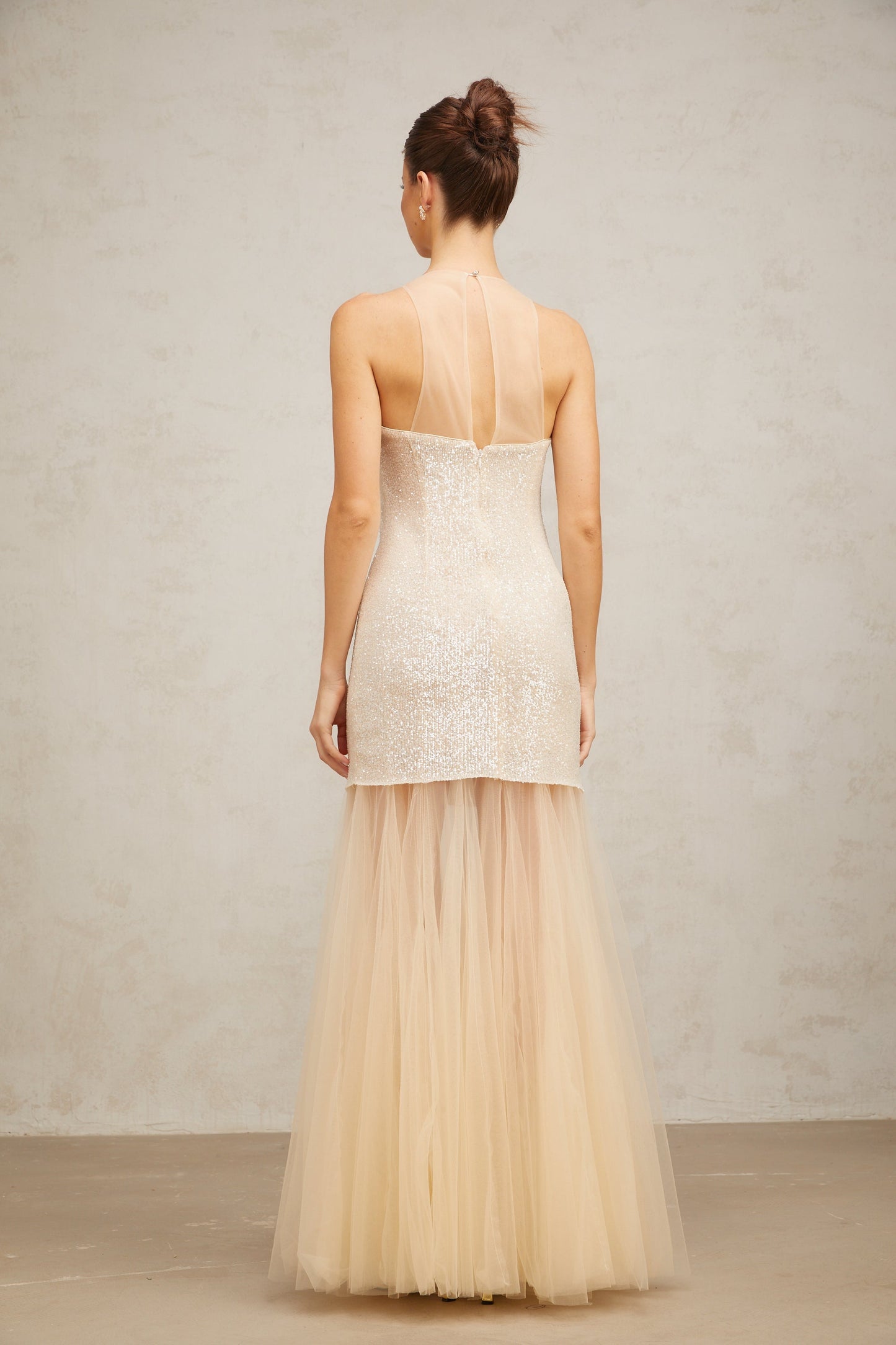 Thaïs champagne sequined tulle-panel maxi dress