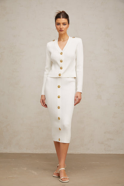 Quirine white rib-knit jacket & skirt matching set