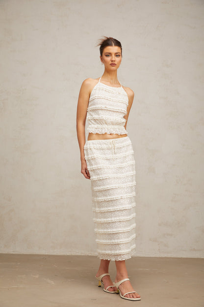 Héloïse off-white floral-lace ruffled top & skirt matching set