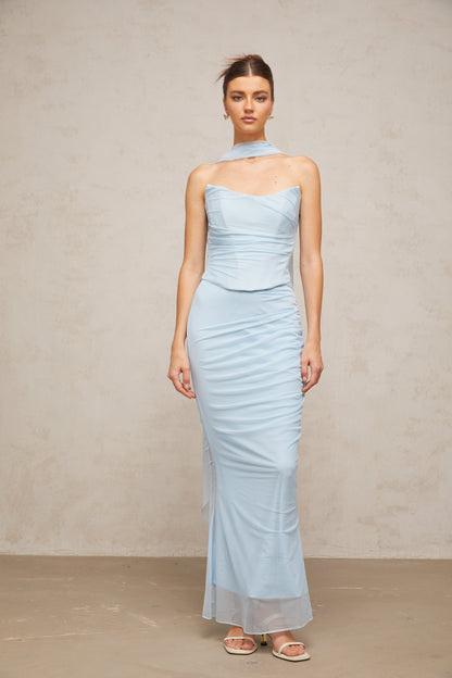 Léa blue ruched tulle top & skirt matching set