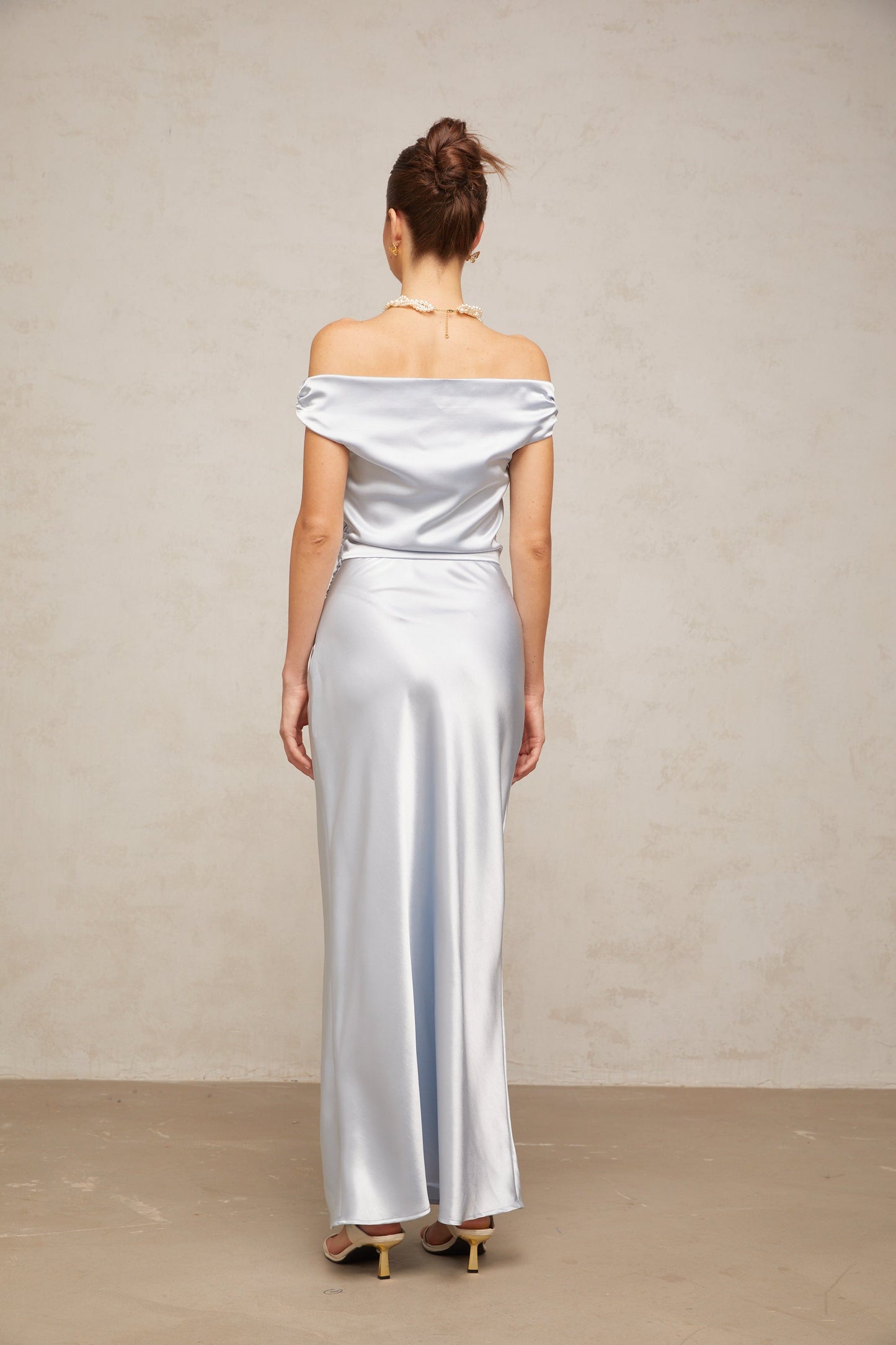 Amanda blue off-shoulder ruched satin maxi dress