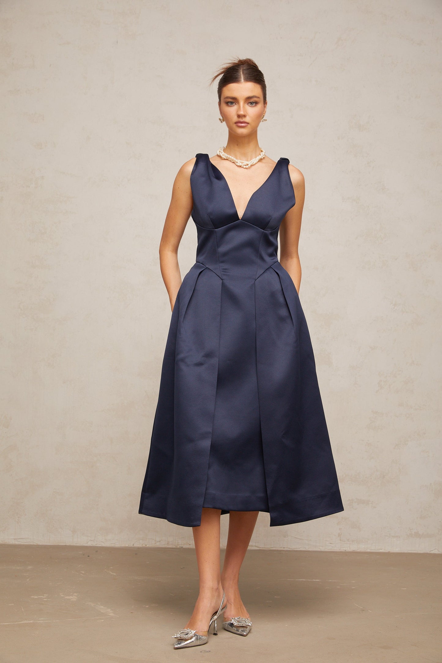 Chantale blue twist-detail satin midi dress