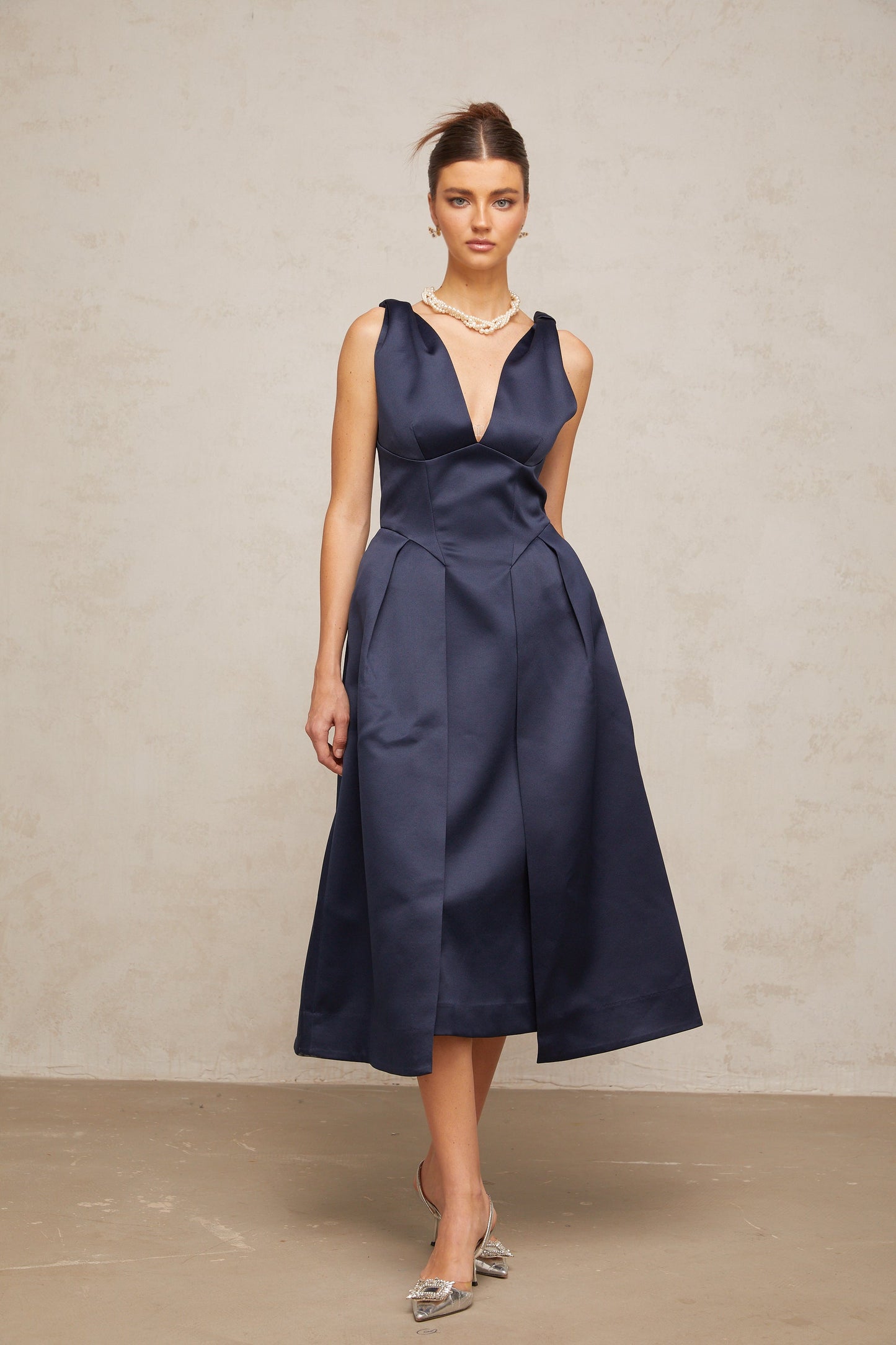 Chantale blue twist-detail satin midi dress