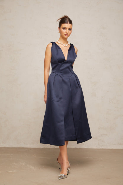 Chantale blue twist-detail satin midi dress