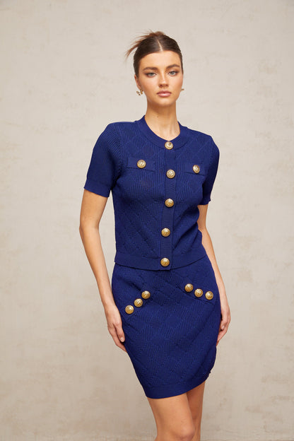 Yseut blue plaid-check knit top & skirt matching set