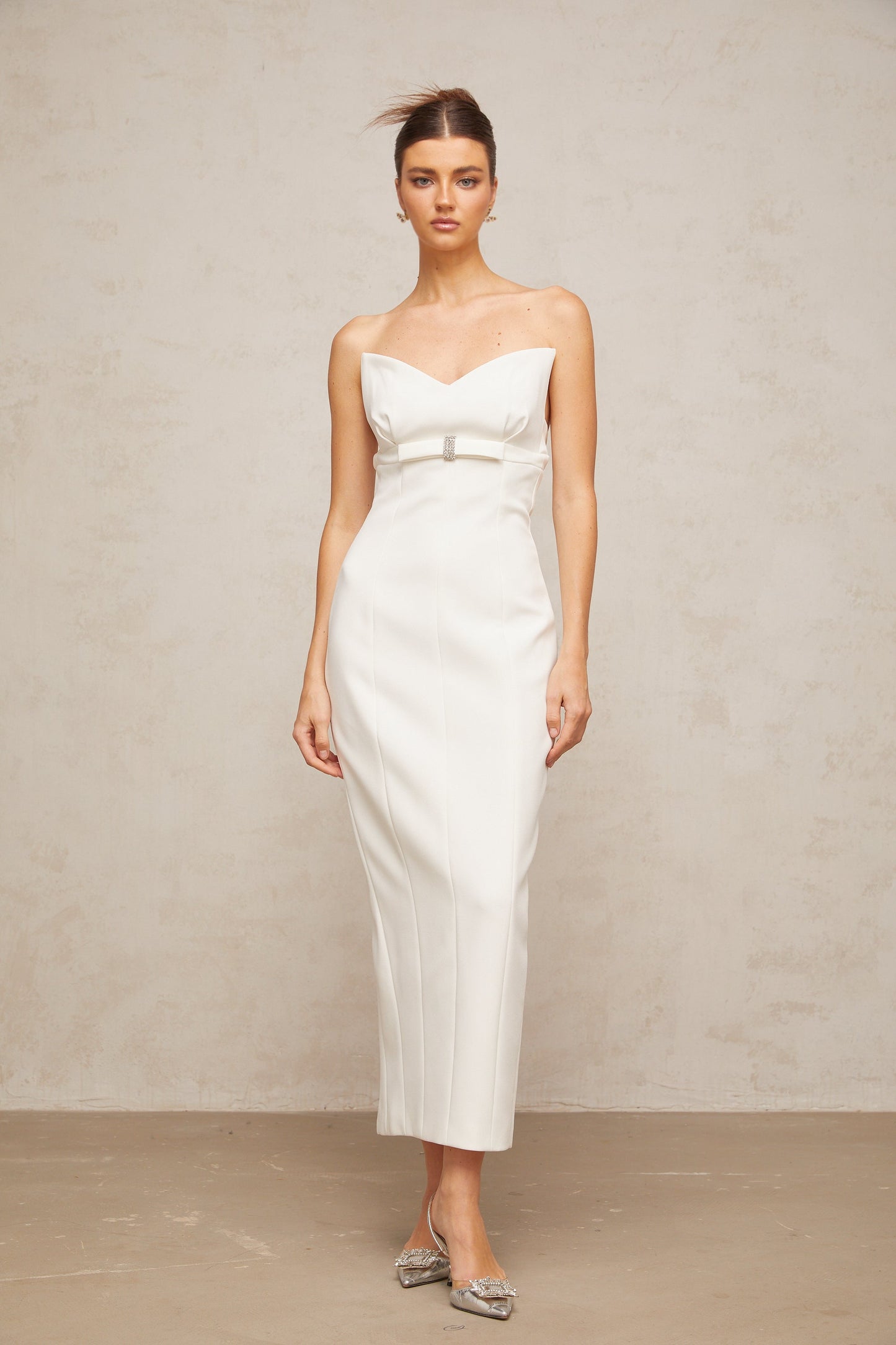 Isaline white corset bow-detail midi dress