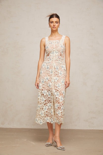 Roxane white A-line flora-lace midi dress