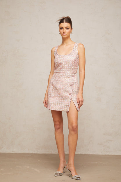 Aoife pink embellished tweed mini dress