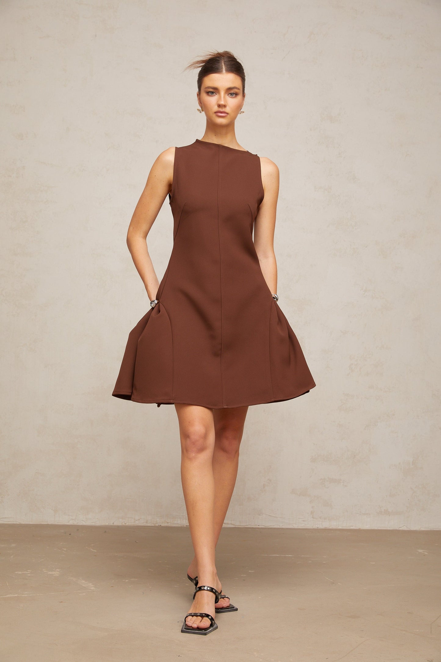 Dora brown asymmetric-neck puff mini dress