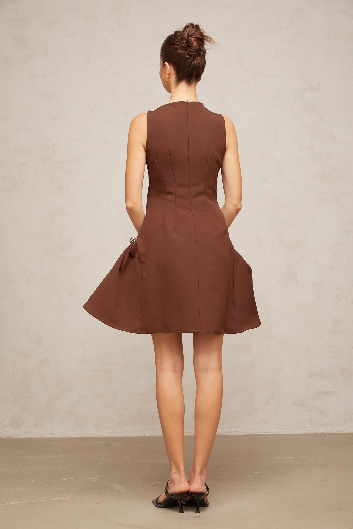 Dora brown asymmetric-neck puff mini dress