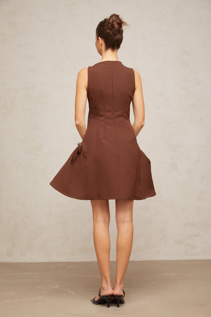 Dora brown asymmetric-neck puff mini dress