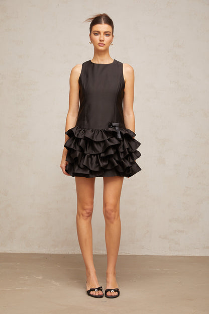 Thérèse black ruffled tiered mini dress