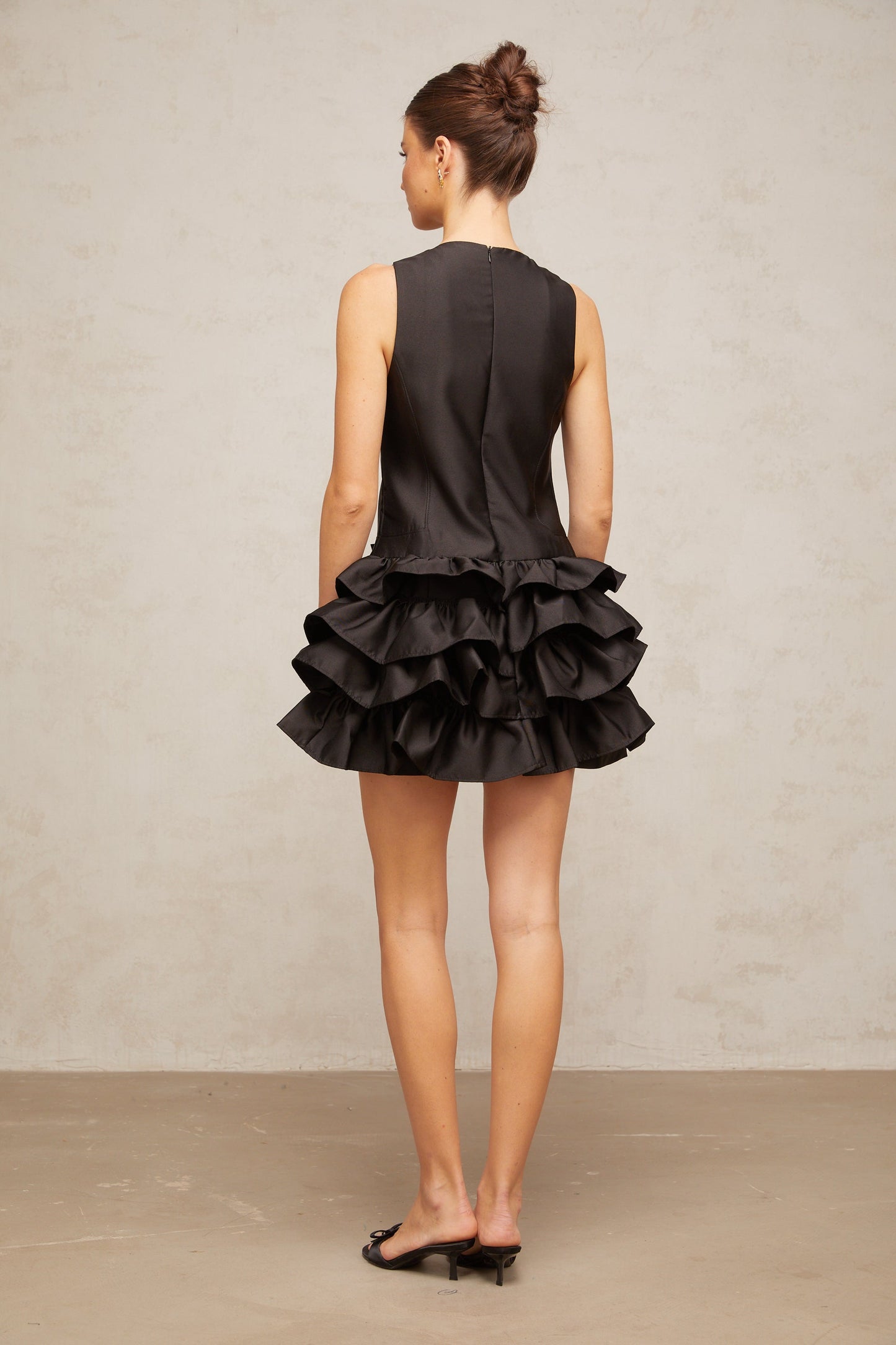 Thérèse black ruffled tiered mini dress