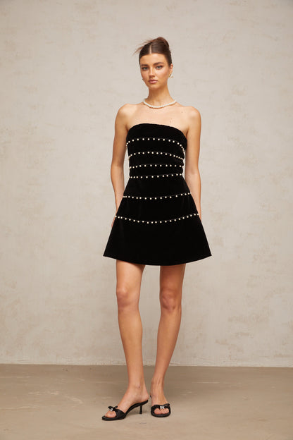 Camille black faux-pearl velvet mini dress