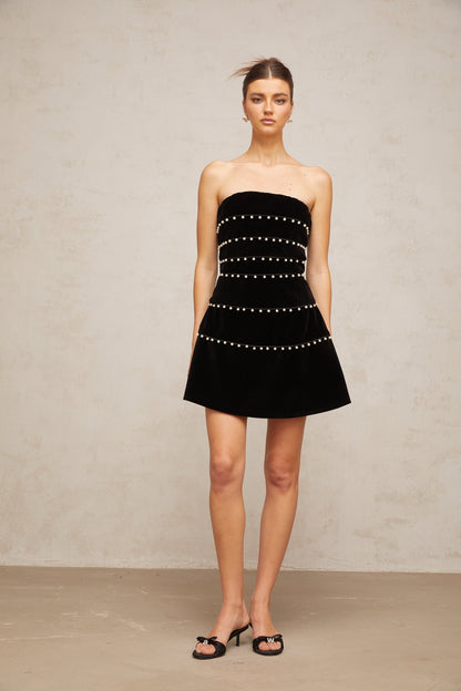 Camille black faux-pearl velvet mini dress