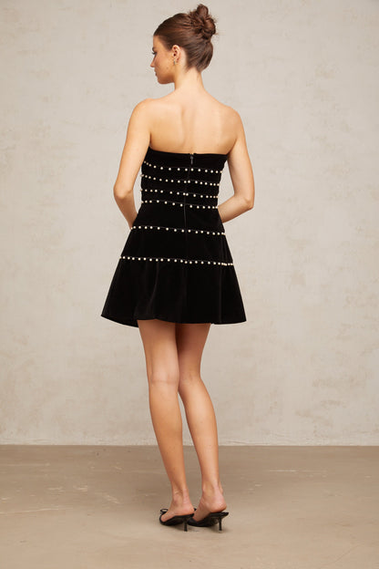Camille black faux-pearl velvet mini dress