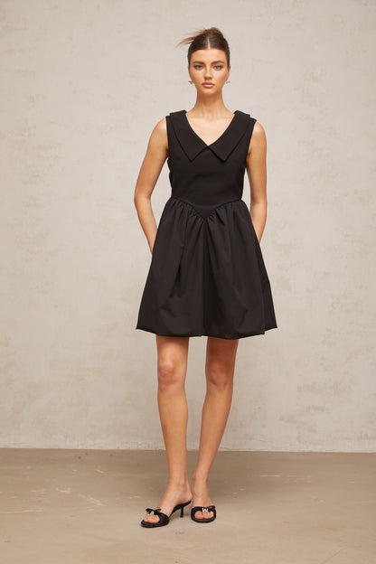 Sandrine black lapel puff mini dress
