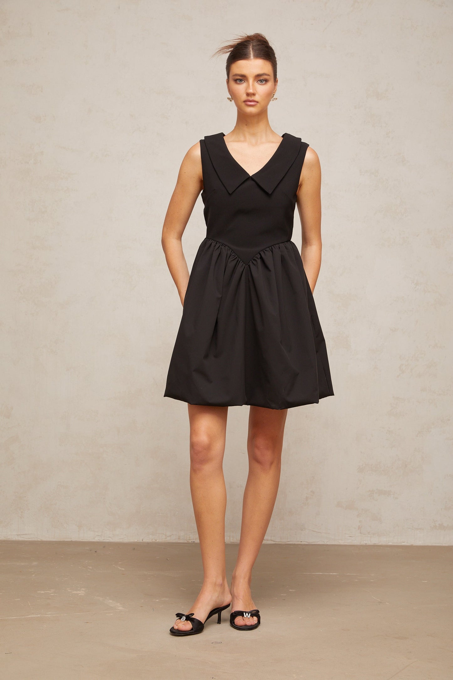 Sandrine black lapel puff mini dress