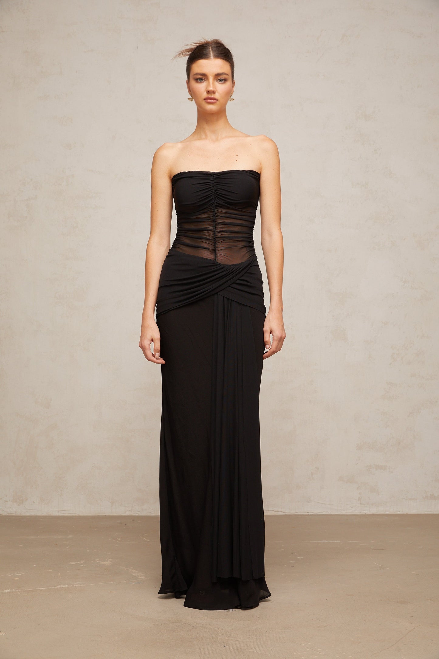 Justine black semi-sheer pleated tulle maxi dress