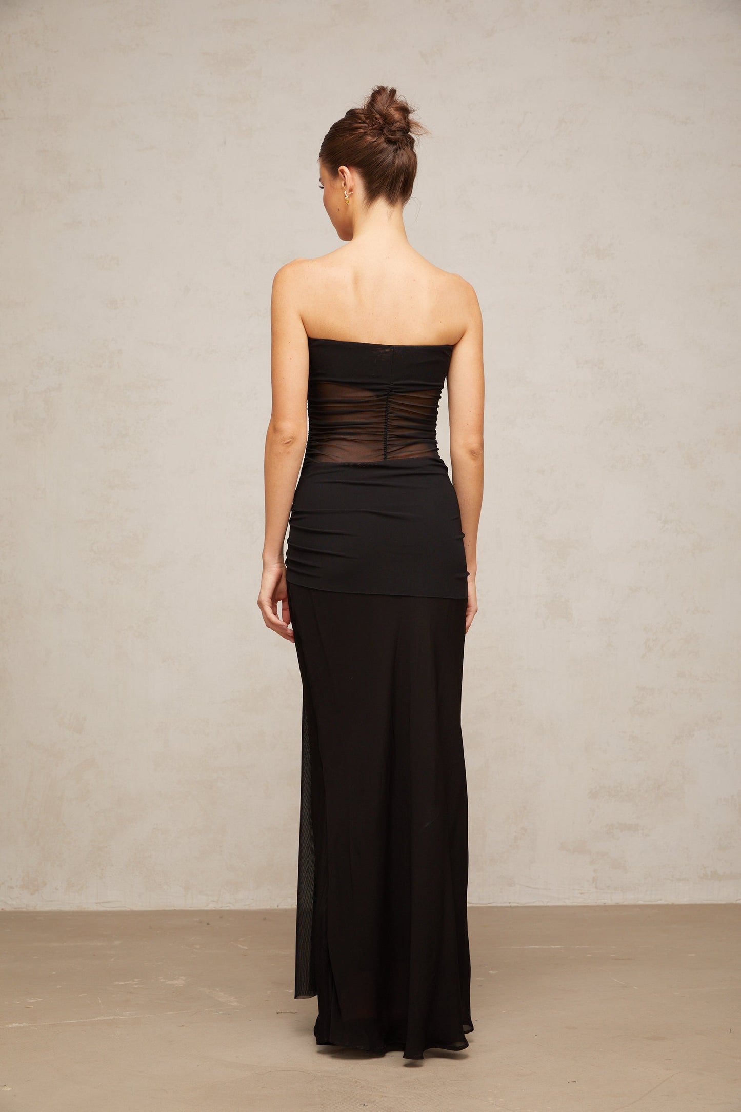 Justine black semi-sheer pleated tulle maxi dress