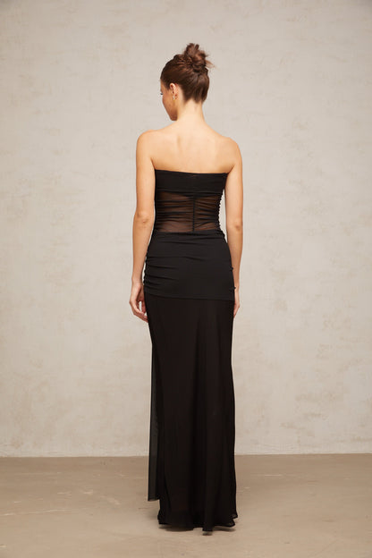 Justine black semi-sheer pleated tulle maxi dress