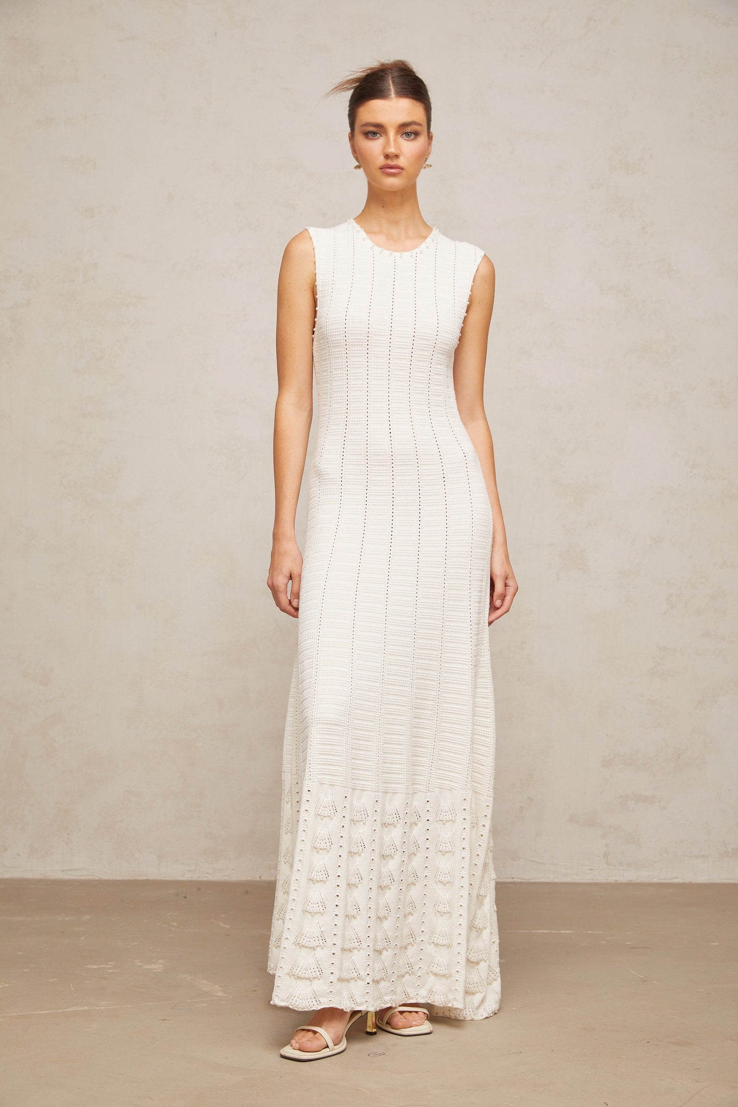 Urbaine white faux-pearl pointelle-knit maxi dress