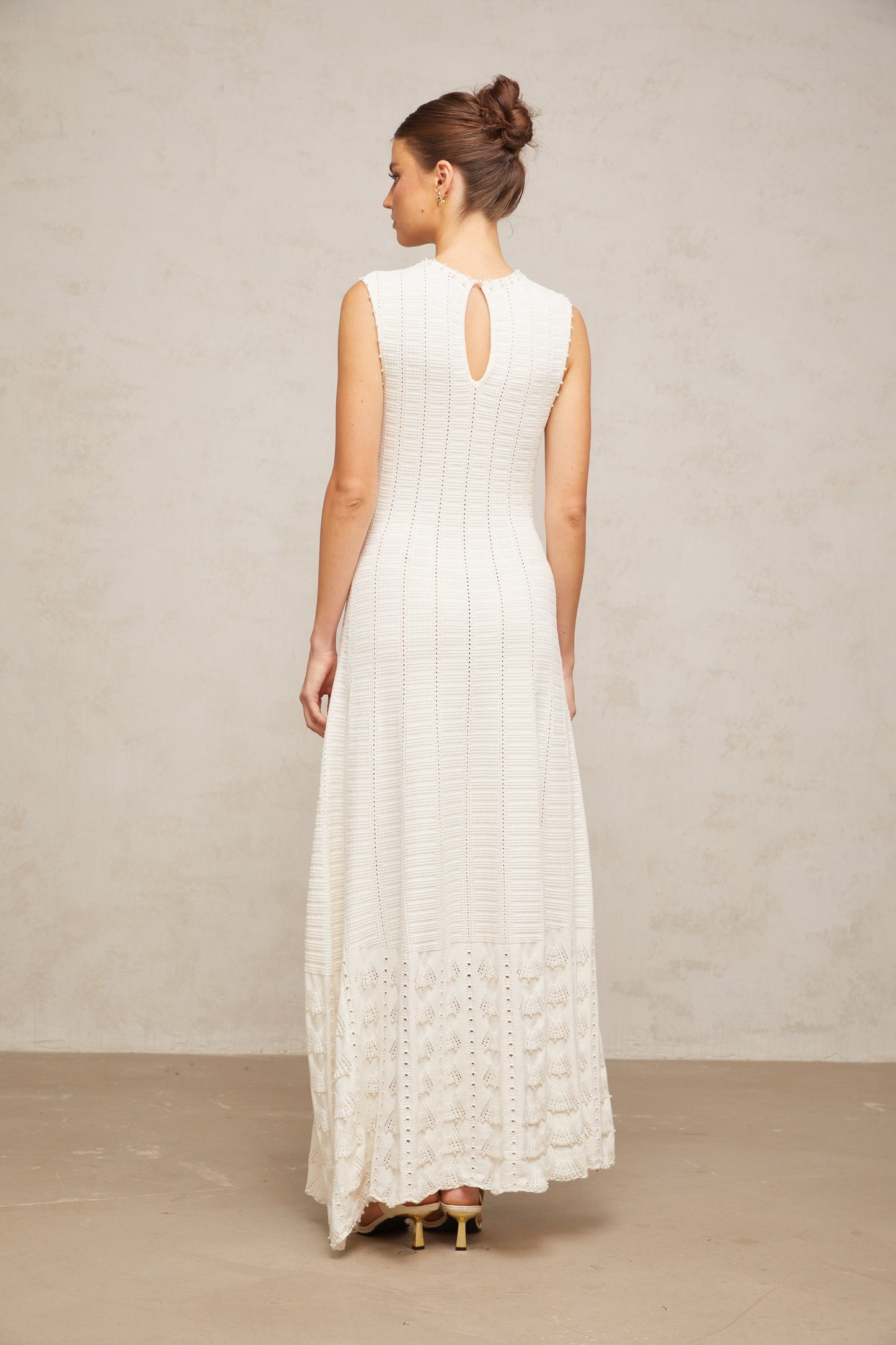 Urbaine white faux-pearl pointelle-knit maxi dress