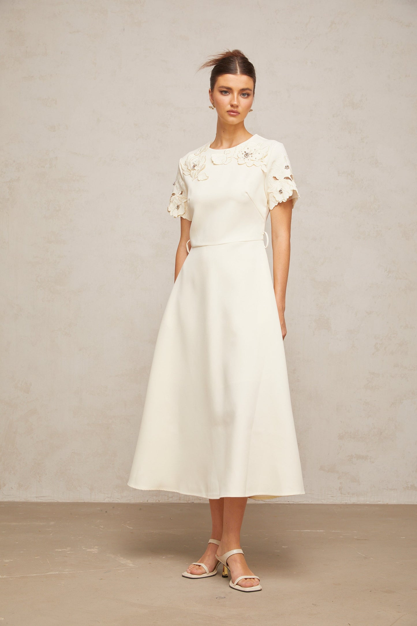Orane neutrals floral-appliqué flared midi dress