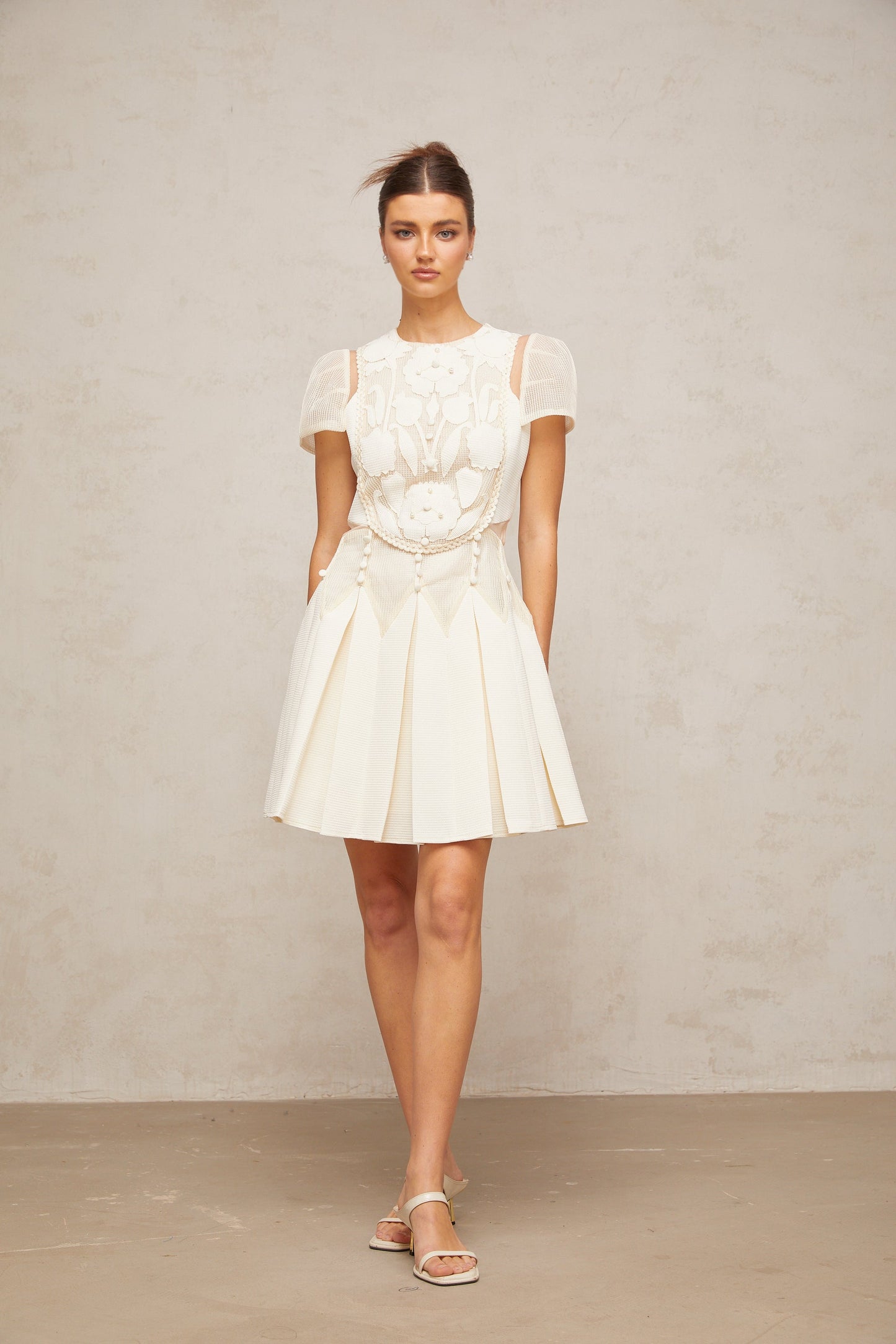 Maelle white flower-embroidery mini dress